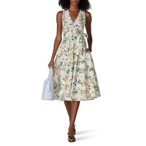 Marissa Webb Collective White Floral Tie Waist Midi Dress Women's Size 8
